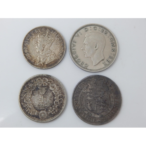 344 - Japanese Silver 50 Sen 1898, George III Silver Half Crown 1817, KGV Silver Florin 1927, KGVI Silver ... 