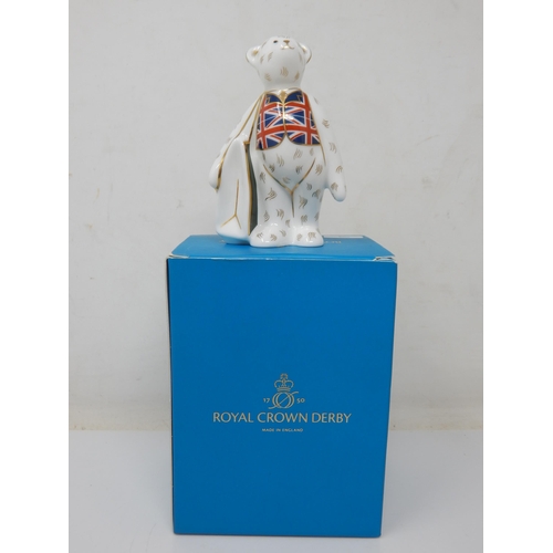 354 - Royal Crown Derby Harrods Shopper Bear Union Jack Waistcoat. Boxed 2012.