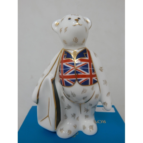 354 - Royal Crown Derby Harrods Shopper Bear Union Jack Waistcoat. Boxed 2012.