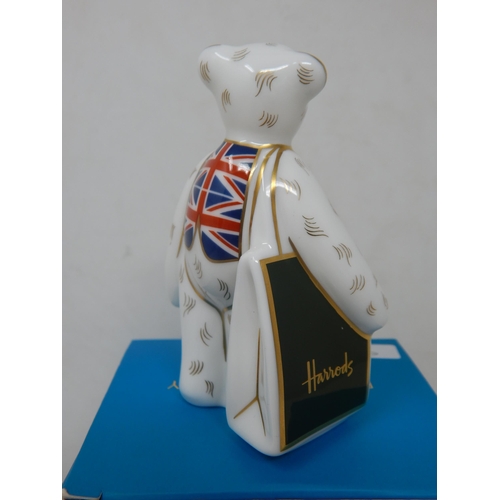 354 - Royal Crown Derby Harrods Shopper Bear Union Jack Waistcoat. Boxed 2012.