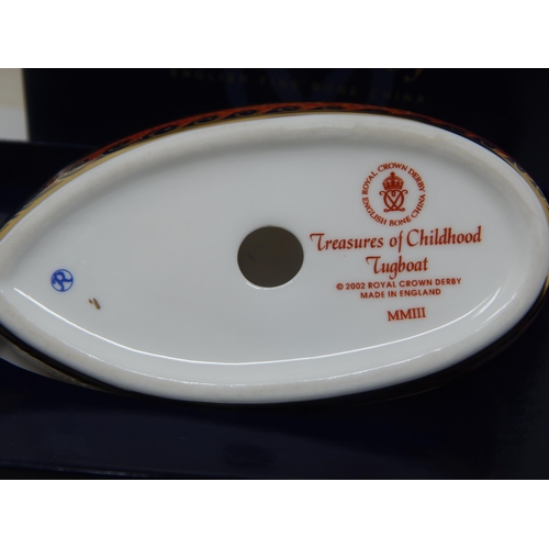 366 - Royal Crown Derby Treasures of Childhood Tugboat 2006. Boxed & Sleeved.