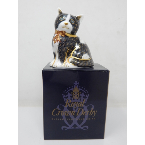 381 - Royal Crown Derby Black & White Kitten, Gold Stopper, 2011. Boxed.