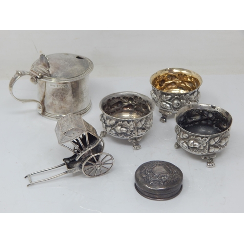 150 - A Quantity of Hallmarked Silver Including a Drum Mustard, Salts, Jar Top & a Chinese Silver Rickshaw... 