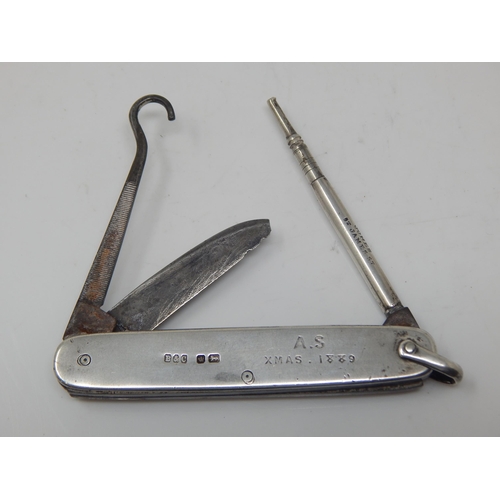 151 - Victorian Silver Cased Multi Tool Knife: Hallmarked Sheffield by Brookes & Crookes: Width 7.5cm