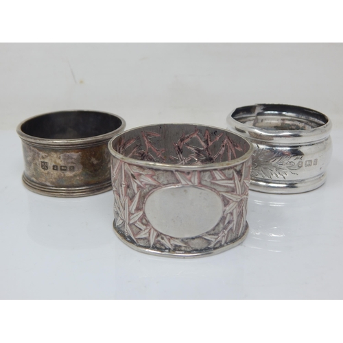 152 - 3 x Silver Napkin Rings Including a Chinese Example: Weight 60.42g