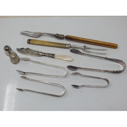 161 - A Quantity of Hallmarked Silver Including Sugar Tongs, Pickle Forks, Butter Knife & Thimble: Gross w... 