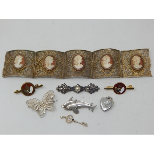 163 - A Quantity of Silver & Silver Gilt Brooches, Locket & Key Pendant together with a White Metal Cameo ... 