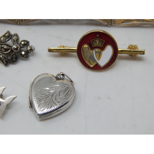 163 - A Quantity of Silver & Silver Gilt Brooches, Locket & Key Pendant together with a White Metal Cameo ... 