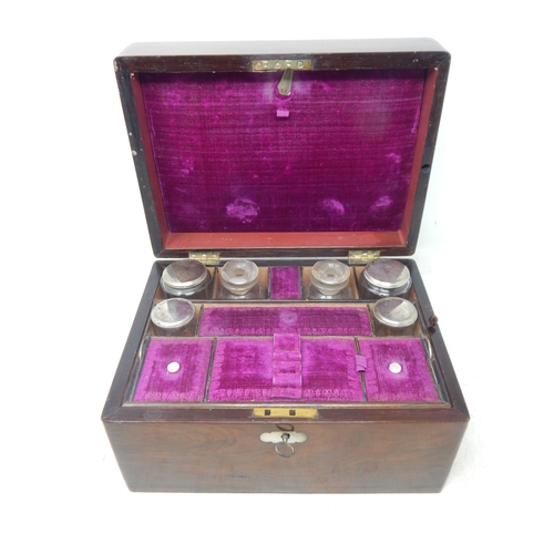 165 - Victorian Mahogany Vanity Box Complete with Bottles, Secret Drawer, Mother of Pearl Escutcheons & Or... 