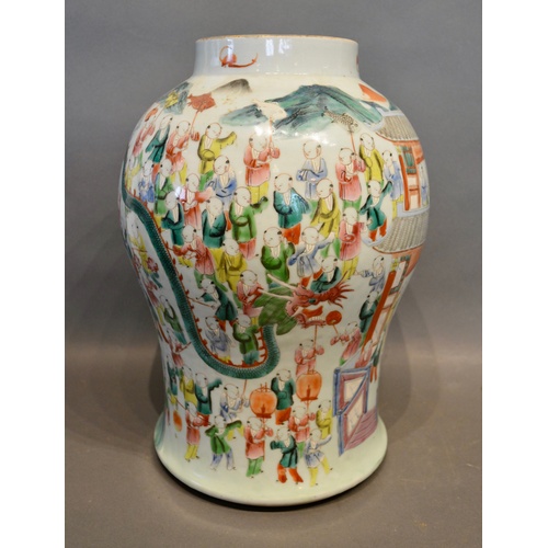 6 - A 19th Century Chinese Large Oviform Vase decorated in polychrome enamels with figures within landsc... 