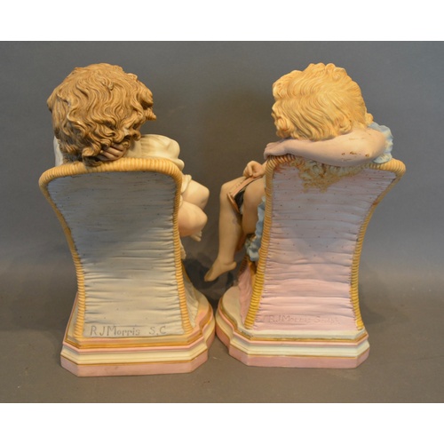 23 - R J Morris, Parian Figures of Sleeping Children, Boy and Girl Upon Chairs, 32cm tall