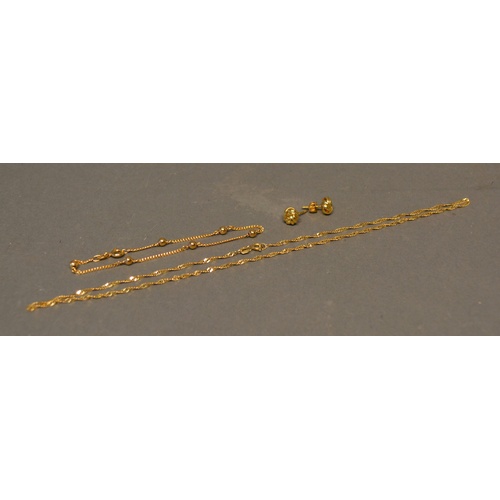 187 - A 14 Carat Gold Linked Necklace, 2 grammes, together with a pair of 18 carat gold ear studs, 2.8 gra... 