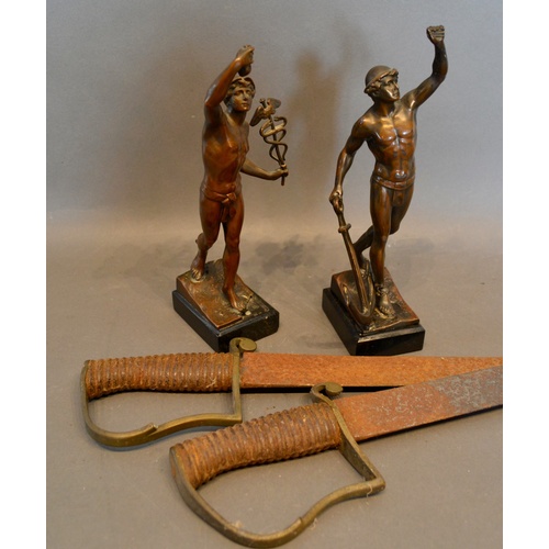 371 - A Pair of Patinated Figures of Mercury and Neptune, 22cm tall, together with a pair of swords