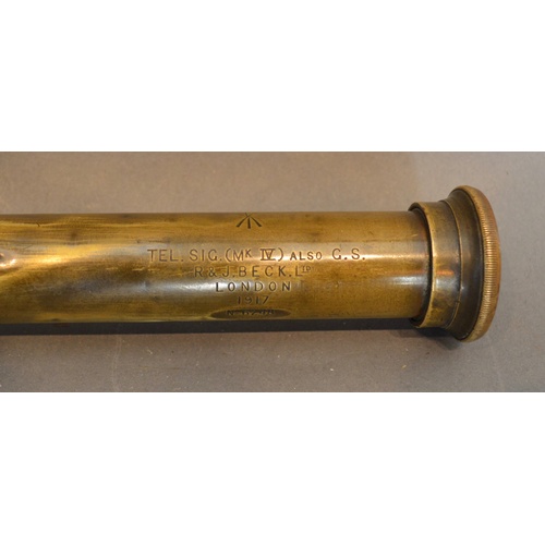 374 - A First World War Three Drawer Brass Sniping Telescope by R & J Beck Ltd, London, 83cm extended