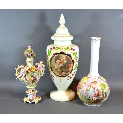 6 - A German Porcelain Bottleneck Vase together with a Victorian Glass Covered Vase and a Dresden foliat... 