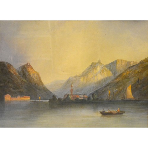 100 - 19th Century Continental School, Lake Scene with Figures in a Boat, watercolour, 50 x 68 cms