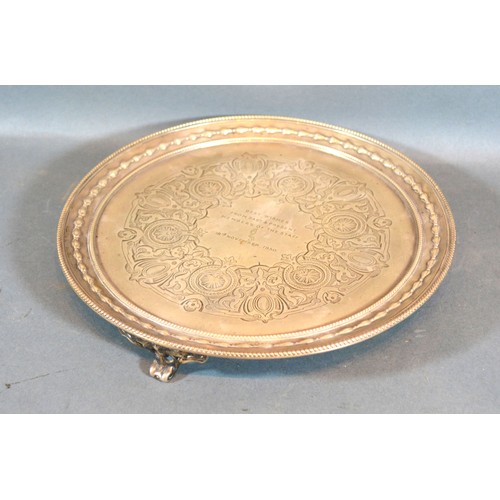 159 - A Victorian Silver Presentation Tray of Circular Form with three pierced scroll feet, London 1855, 1... 