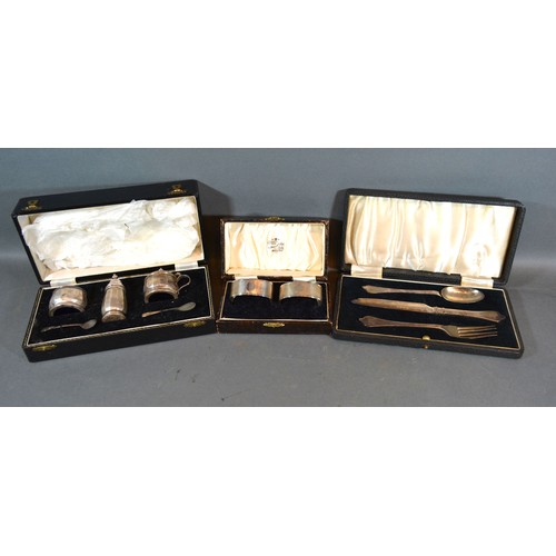 160 - A Birmingham Silver Three Piece Condiment Set within fitted case together with a pair of Birmingham ... 