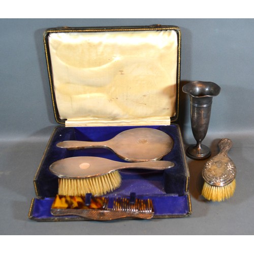 161 - A Birmingham Silver Backed Three Piece Dressing Table Set within fitted case together with a silver ... 