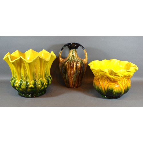 21 - A Bretby Jardiniere of Shaped Form with yellow and green ground, 22 cms tall together with another s... 