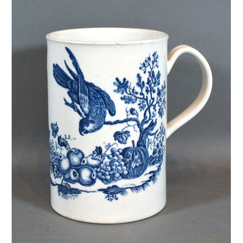 34 - A First Period Worcester Large Mug decorated in underglaze blue with birds and insects amongst fruit... 