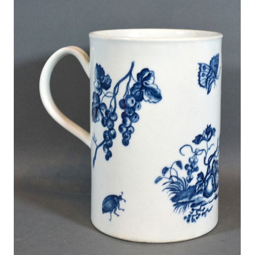 34 - A First Period Worcester Large Mug decorated in underglaze blue with birds and insects amongst fruit... 