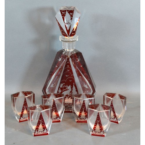 45 - A Bohemian Ruby and Clear Glass Drinking Set comprising Decanter with stopper and six small Glasses