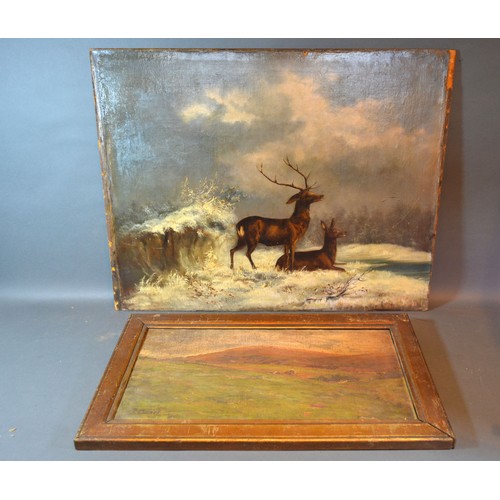 119 - A Victorian Oil on Canvas Applied to Board 'Winter Landscape with Stag and Deer' 54 x 69 cms togethe... 