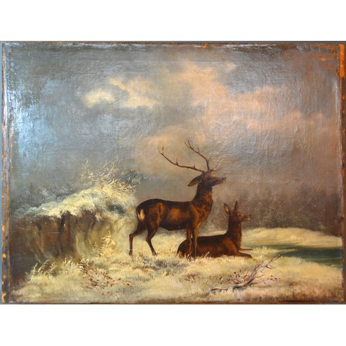 119 - A Victorian Oil on Canvas Applied to Board 'Winter Landscape with Stag and Deer' 54 x 69 cms togethe... 