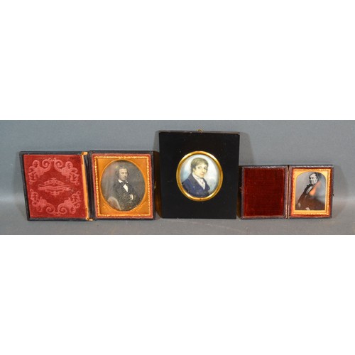 123 - A Regency Oval Portrait Miniature of Thomas Morgan, 6 x 5 cms together with two daguerreotype