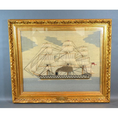 361 - A Regency Wool Work Sailors Picture depicting a three masted sailing ship, 41 x 51 cms