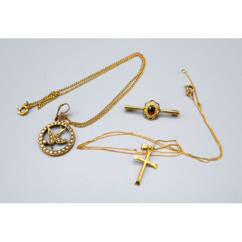 183 - A 9ct. Gold Seed Pearl Set Necklace in the form of a Swallow together with a 9ct. Gold Garnet set ba... 