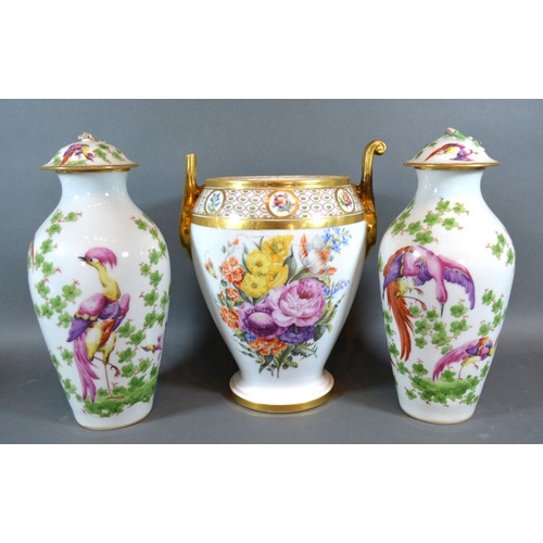 81 - A Pair of Porcelain Covered Vases in the style of Chelsea together with a continental porcelain two ... 