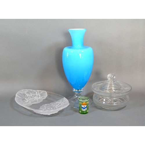 89 - *** Collect *** A Blue Glass Oviform Vase with stepped base, 26cm tall, together with a French art g... 