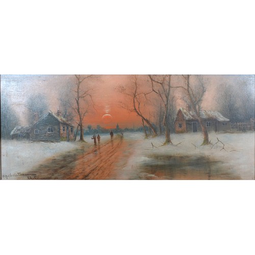 133 - Niels Hans Christiansen, A Winter Landscape with Figures on a Track before Buildings with Sun Settin... 