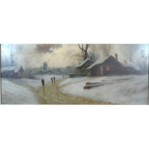 133 - Niels Hans Christiansen, A Winter Landscape with Figures on a Track before Buildings with Sun Settin... 