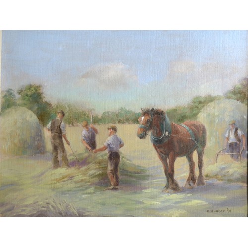 139 - E Hunter 'Haymaking' Oil on Canvas, signed and dated 1991, 38 x 48 cms