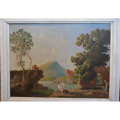 144 - Attributed to Albert H Lucas, Lake Scene with Figure before Ruins, oil on board, signed, 76cm x 88cm