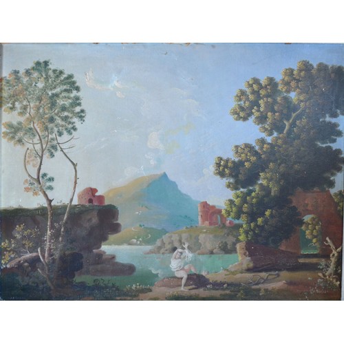 144 - Attributed to Albert H Lucas, Lake Scene with Figure before Ruins, oil on board, signed, 76cm x 88cm