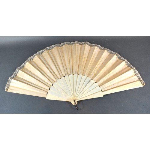 284 - A Hand Decorated Satin Leaf Fan decorated with hummingbird and flowers, with ivory sticks and bone g... 