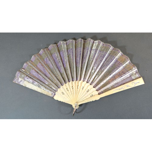 289 - An Ivory and Bone Fan with Silver Wire and Silk Leaf decorated with sequins and with carved and pier... 