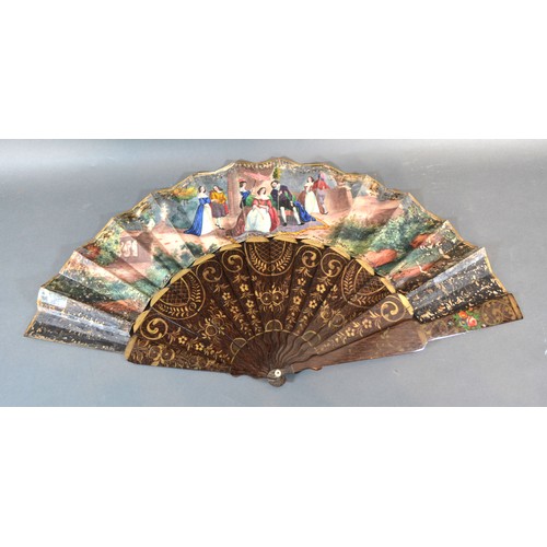 290 - A 19th Century Fan with Hand Painted Paper Leaf depicting figures, the shaped wooden guards and stic... 