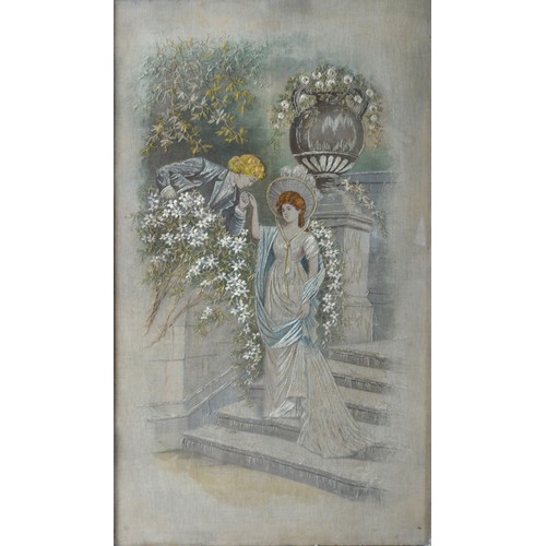 392 - A Late 19th Century Wool and Silk Work depicting a courting couple in a courtyard within oak frame, ... 