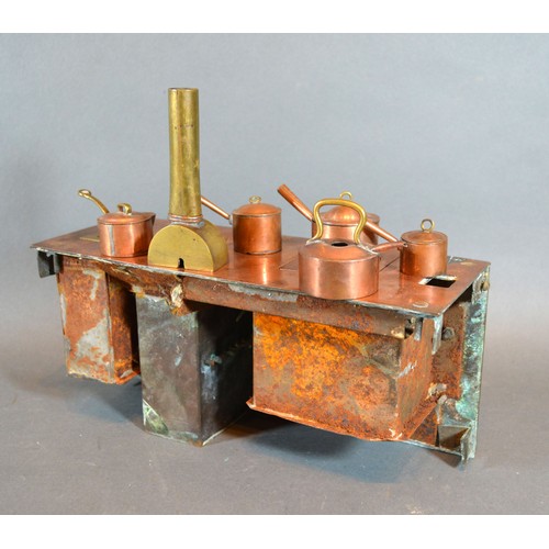 396 - A Miniature Copper and Brass Victorian Style Range with miniature copper saucepans and kettle, 26 cm... 