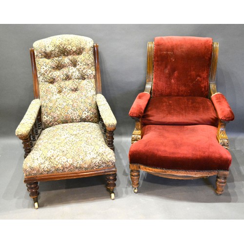 542 - A Victorian Mahogany Armchair with spindle arms and turned legs together with another similar Victor... 