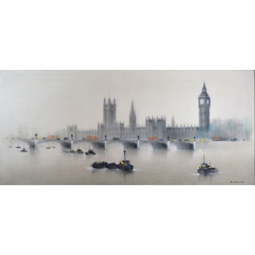 125 - H Mann 'Pool of London Westminster Bridge before the Houses of Paliament' mixed media, 45 x 100 cms