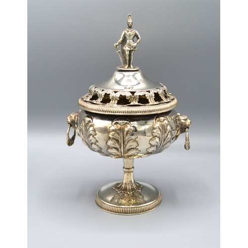 194 - A Victorian Silver Pedestal Covered Pot Pourri, the pierced figural cover with lion ring handles and... 