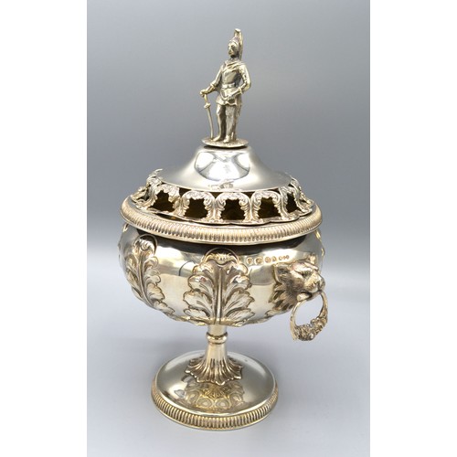 194 - A Victorian Silver Pedestal Covered Pot Pourri, the pierced figural cover with lion ring handles and... 