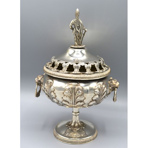 194 - A Victorian Silver Pedestal Covered Pot Pourri, the pierced figural cover with lion ring handles and... 