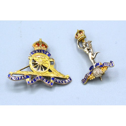 201 - A 9ct. Gold Brooch in the form of a Royal Artillery Cap Badge with enamel decoration together with a... 